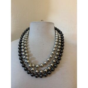 Multi Strand Metallic Silver and Gunmetal Black Beaded Statement Necklace‎